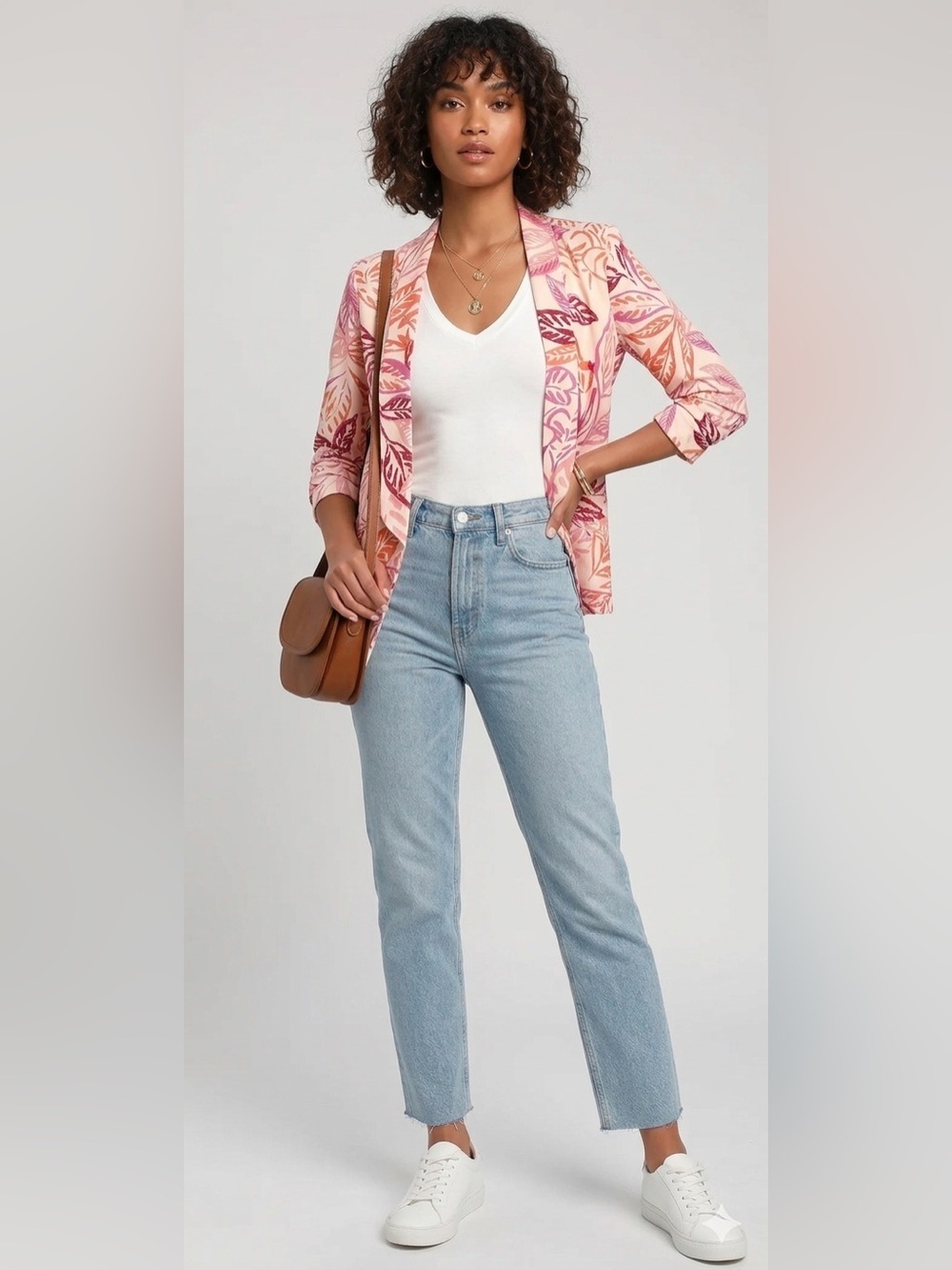 Lulus Tropical Leaf Print Blazer Jacket Pink Orange Front Linen Blend MEDIUM